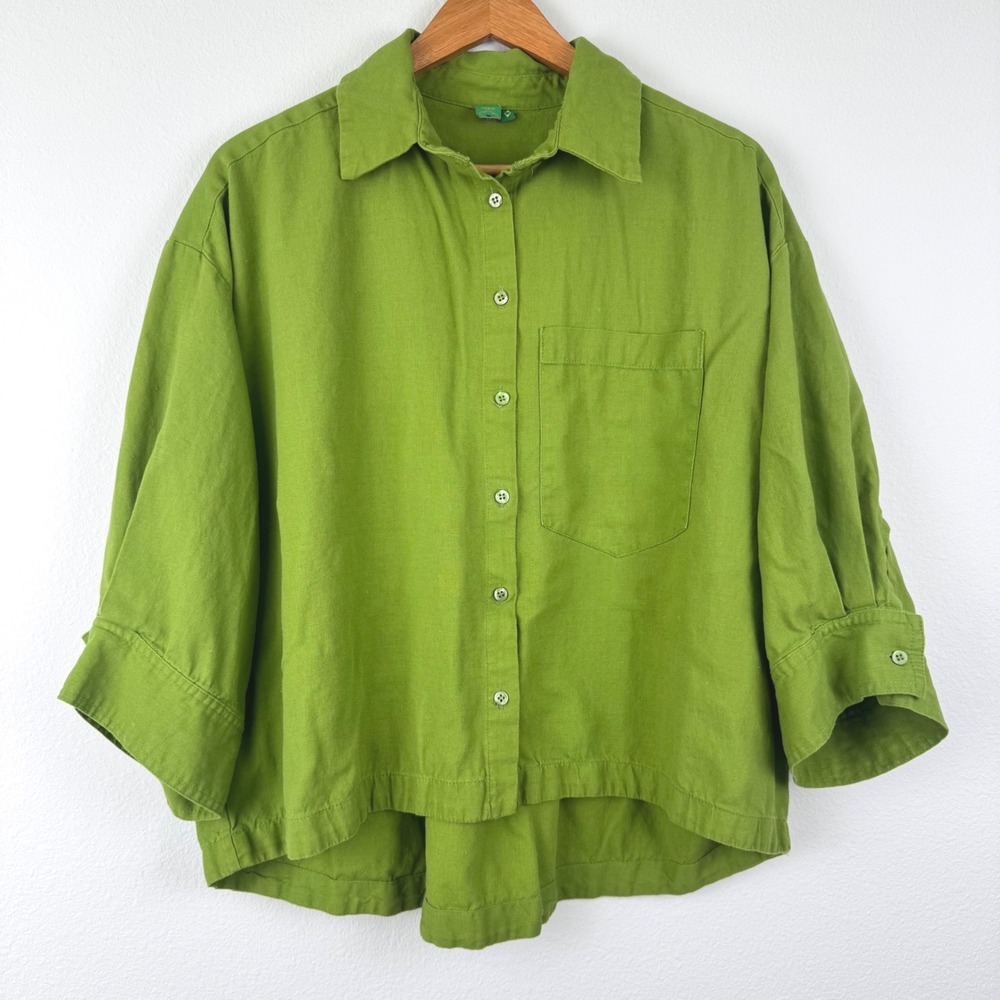 Farm Rio Button Down Shirt Womens M Green Excellent Linen Blend Minimalist Chic